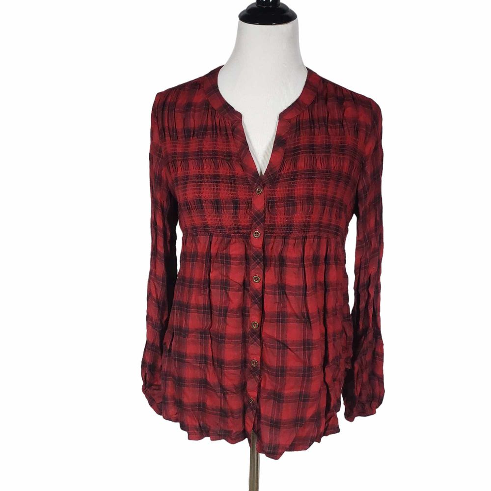 Knox Rose size Small Red & Black Plaid Long Sleeve Button Down Rayon Top